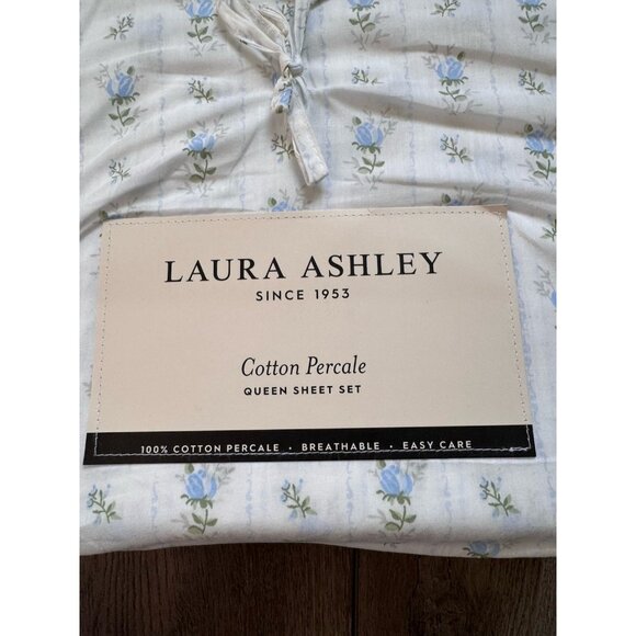 NEW Laura Ashley Sweet Buds- Blue Floral/ Stripes QUEEN Sheet Set Farmhouse - Picture 4 of 8